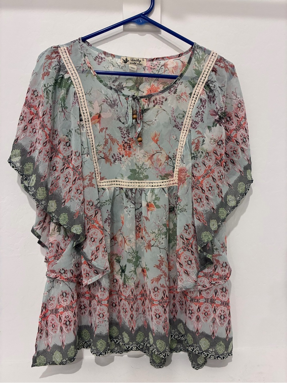 Boho Floral Ruffle Sleeve Women’s Top - Sage Green